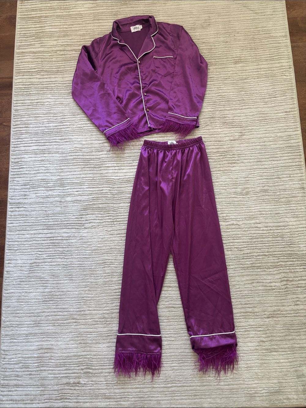 Purple Satin Pajama Set with Feather Trim